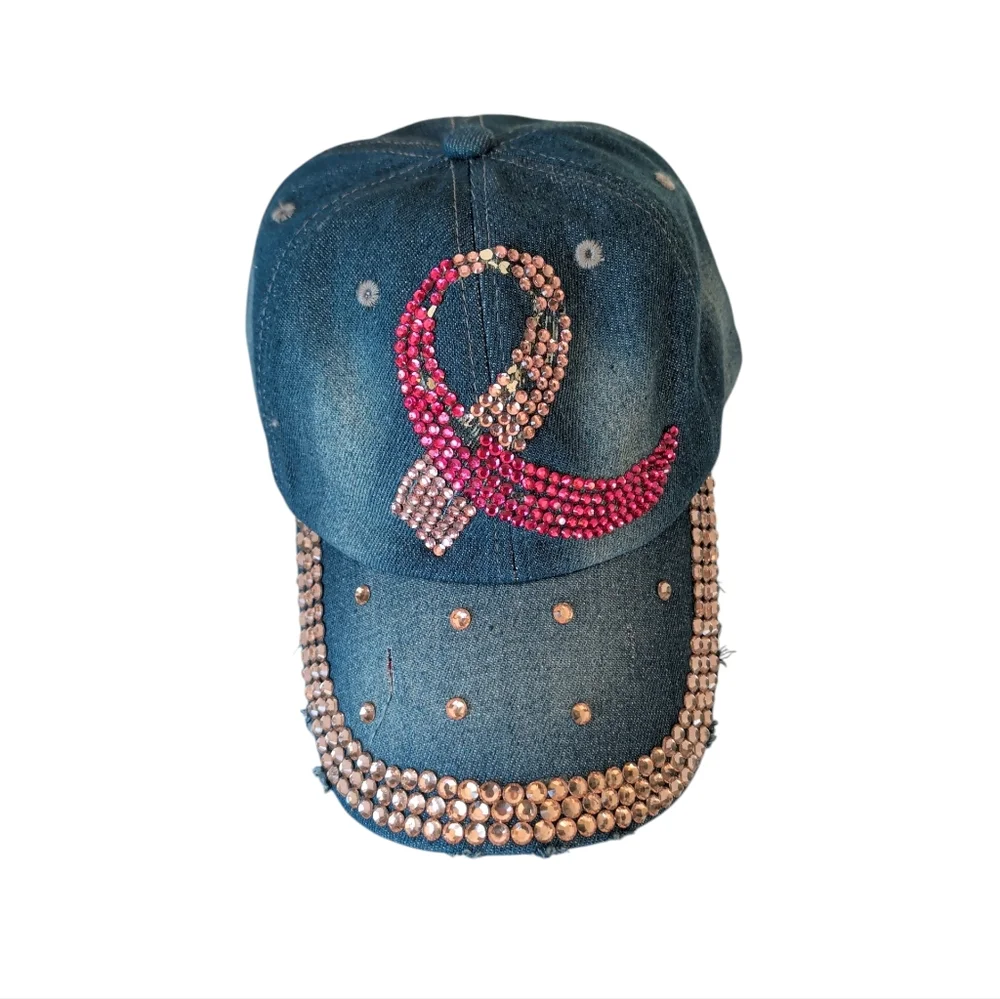 Distressed Pink Ribbon Breast Cancer Awareness Blue Denim Cap